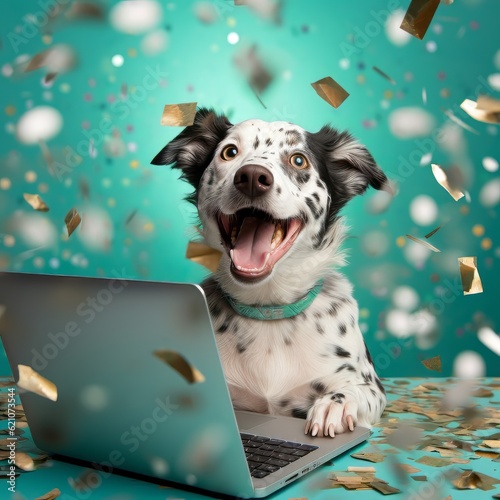 Excited happy dog with laptop and colorful confetti popper falling on pastel turquoise background