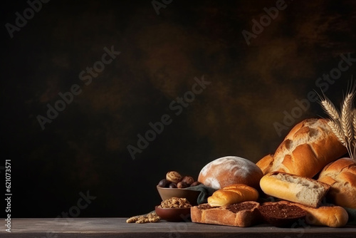 Bread rolls, loaves, buns, pastry, wheat easrs on rustic wooden bakery table counter over black dark background, text copy space, concept of fresh baking, breakfast, banner design. generative ai