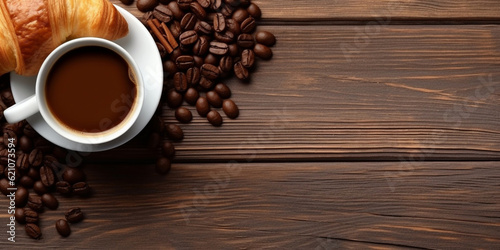 Cup of coffee with coffee bean, pastry, croissant on rustic wooden table background, text copy space, top view, view from above, breakfast, menu, banner, coffee shop, morning concept. generative ai