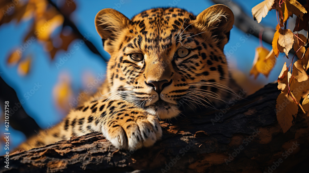 Landscape of a leopard resting on a tree, background