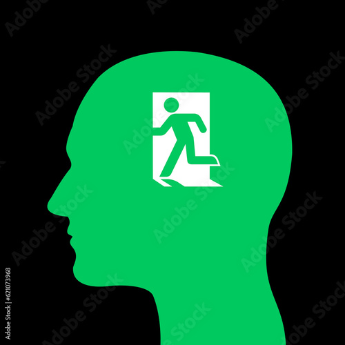 Silhouette of green head with symbol of exit - mental escaping from thought and thinking. Intellect and intellectual abandonment. Psychological state of depersonalization. Vector illustration.