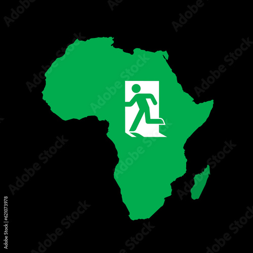 Map of Africa with symbol of exit - emigration, leaving and moving of population from African continent. Vector illustration isolated on black.