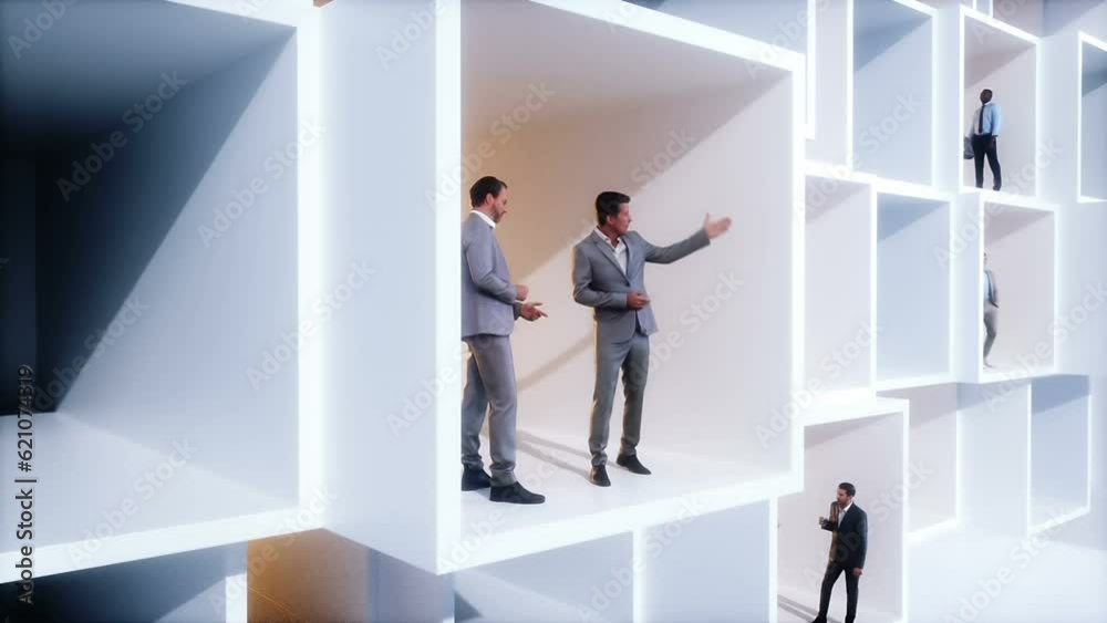 3D business people in a cubic structure. Business and financial concept. Realistic 4k animation. 3D business people in a cubic structure. Business and financial concept. Realistic 4k animation.