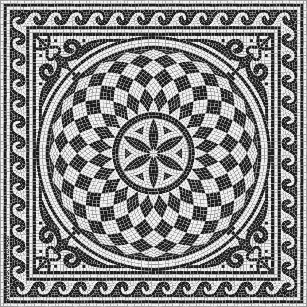 Ancient Roman mosaic tile circular black and white pattern