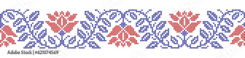 Embroidered cross-stitch seamless border pattern with flowers