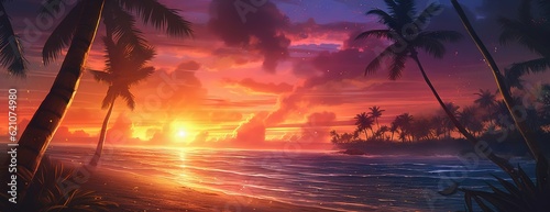 tropical sunset on the ocean with mountains in the background