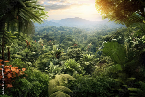 A panoramic banner background depicting a tropical forest landscape  symbolizing environmental ecology  sustainable energy  and Earth Day. Generative Ai  Ai.