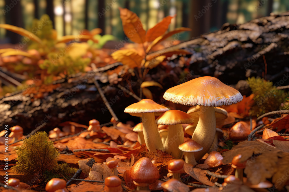 Forest floor on an autumn day, where mushroom caps emerge from a pile of brown leaves. Generative Ai, Ai. Forest floor on an autumn day, where mushroom caps emerge from a pile of brown leaves. Generative Ai, Ai.