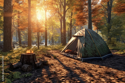Nature with the image of a solitary tent surrounded by trees in a serene forest. Generative Ai, Ai.