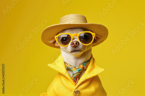 Undeniable coolness of a Chihuahua dog dressed in a funky fashion ensemble, consisting of a jacket, tie, glasses. Generative Ai, Ai. photo