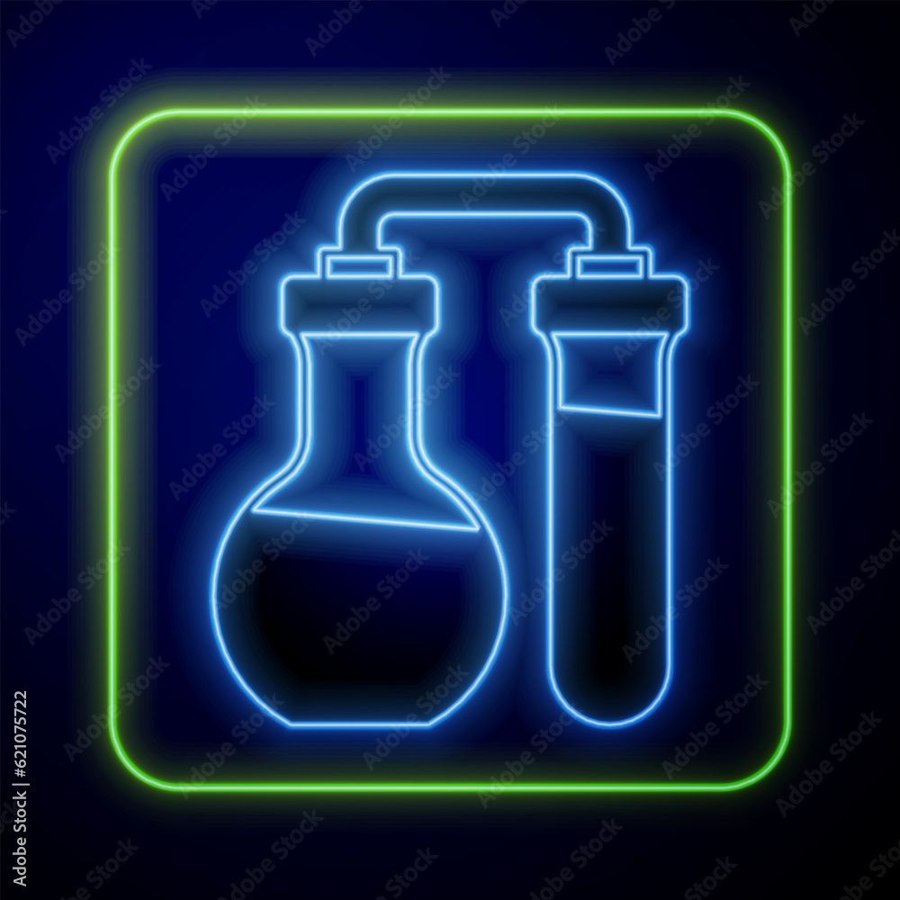 Glowing neon Test tube and flask chemical laboratory test icon isolated on blue background. Laboratory glassware sign. Vector Glowing neon Test tube and flask chemical laboratory test icon isolated on blue background. Laboratory glassware sign. Vector