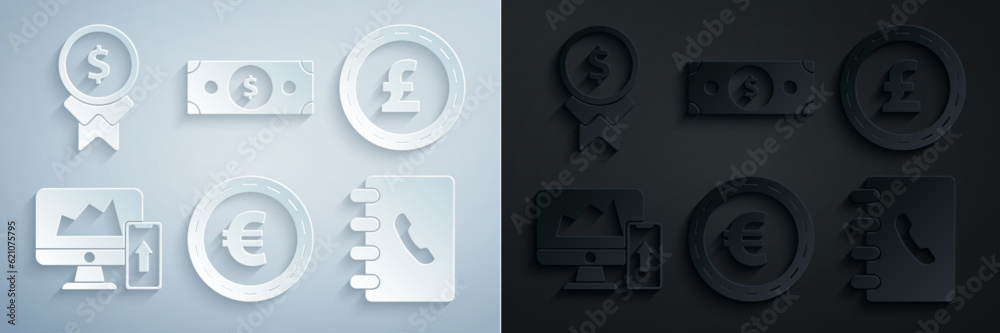 Obraz premium Set Coin money with euro symbol, pound sterling, Financial chart or graph the computer monitor and mobile phone, Address book, Stacks paper cash and Reward for good work icon. Vector