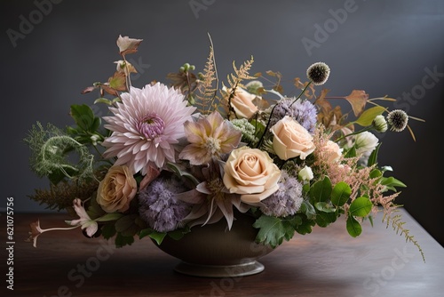 pastel flower arrangement, with a mix of textures and shapes, created with generative ai
