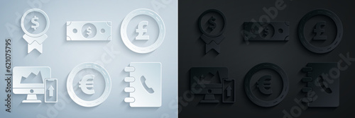 Set Coin money with euro symbol, pound sterling, Financial chart or graph the computer monitor and mobile phone, Address book, Stacks paper cash and Reward for good work icon. Vector