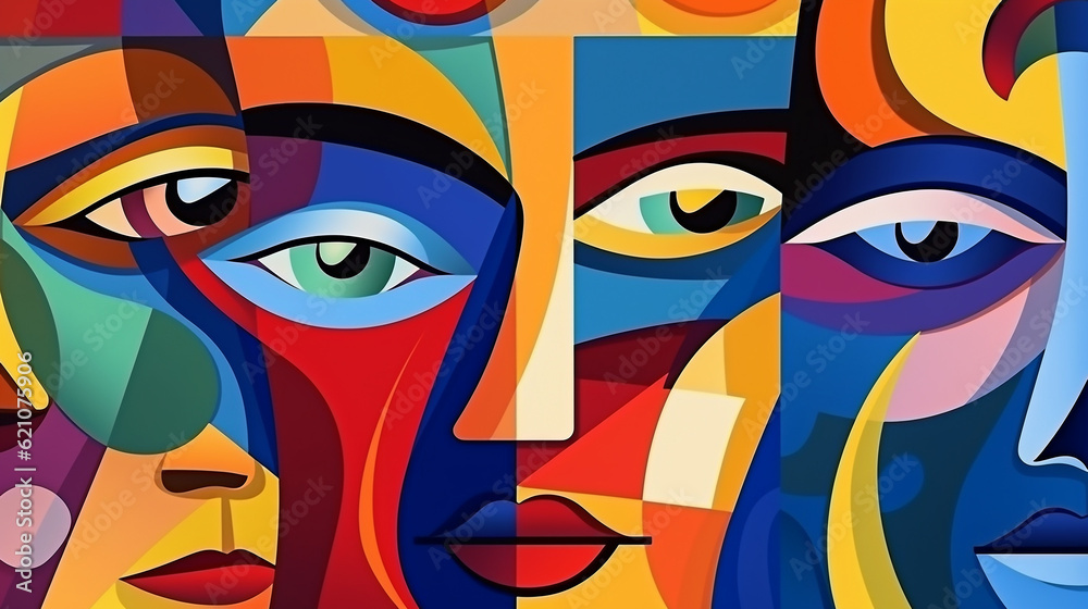 Abstract faces illustration in vibrant colors, cubism style collage for wallpaper, background design, art print. Generative AI.