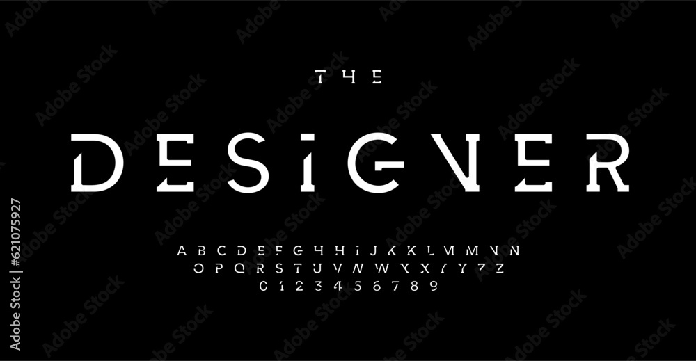Futuristic stencil alphabet, minimalistic high-tech font for future tech modern logo, monogram, digital technology headline, innovative clean typography, modern typographic design. Vector typeset.