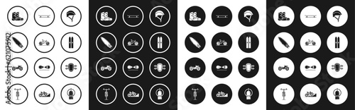 Set Bicycle helmet, Surfboard, Boots, Ski and sticks, Skateboard, Knee pads and All Terrain Vehicle or ATV motorcycle icon. Vector