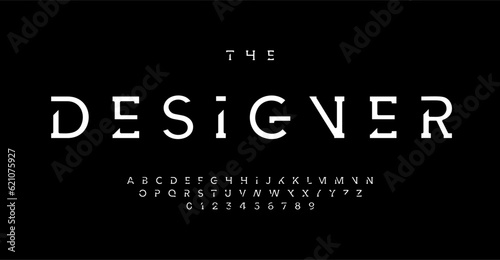 Futuristic stencil alphabet, minimalistic high-tech font for future tech modern logo, monogram, digital technology headline, innovative clean typography, modern typographic design. Vector typeset. photo