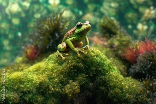 A hylarana picturata frog on moss, in close-up. made using generative AI tools photo