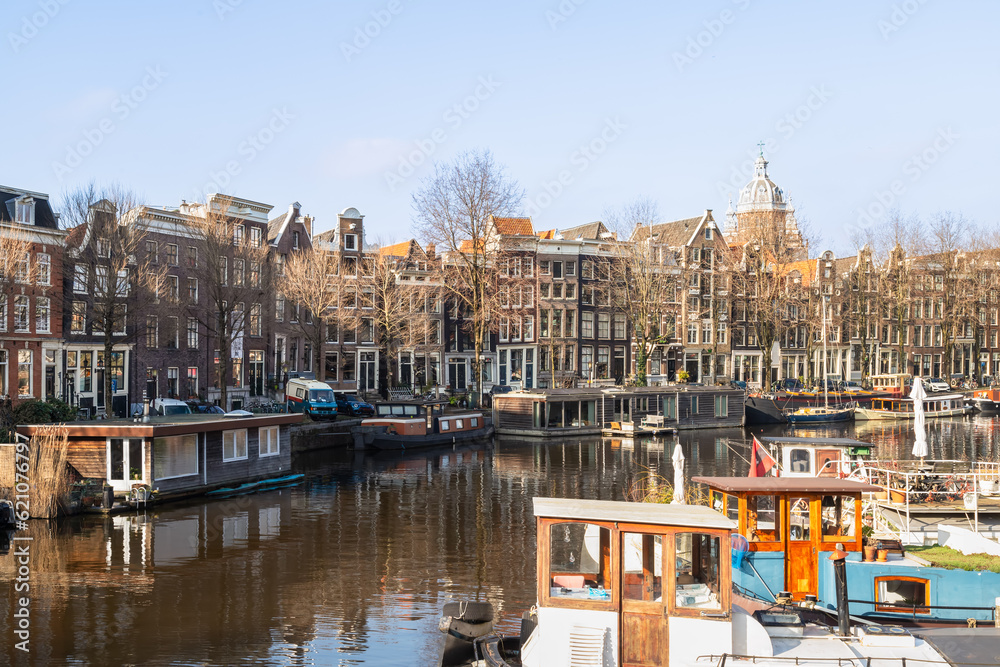 Historic canal houses in the old center of Amsterdam.
