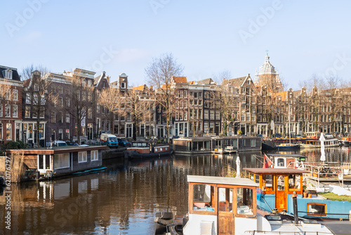 Historic canal houses in the old center of Amsterdam.