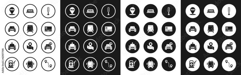 Set Traffic light, Tram and railway, Car, Map pointer with taxi, Laptop location marker, Taxi car roof, and icon. Vector Set Traffic light, Tram and railway, Car, Map pointer with taxi, Laptop location marker, Taxi car roof, and icon. Vector