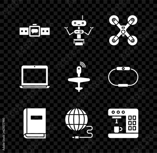 Set Smartwatch, Robot, Drone flying, User manual, Social network, Coffee machine, Laptop and UAV icon. Vector