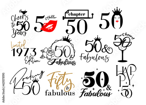 Fifty and fabulous 50th birthday celebration. Cake topper shirt template for cut file set. Cheers to fifty years anniversary. photo