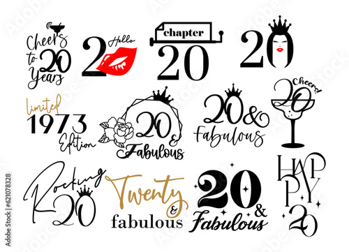 Twenty and fabulous 20th birthday celebration. Cake topper shirt template for cut file set. Cheers to twenty years anniversary.