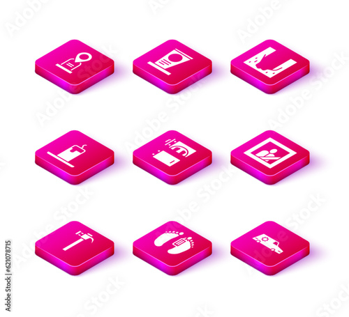 Set Hammer, Dead body, Burning candle, Crematorium, Hearse car, Mourning photo frame, Cemetery digged grave hole and Grave with tombstone icon. Vector