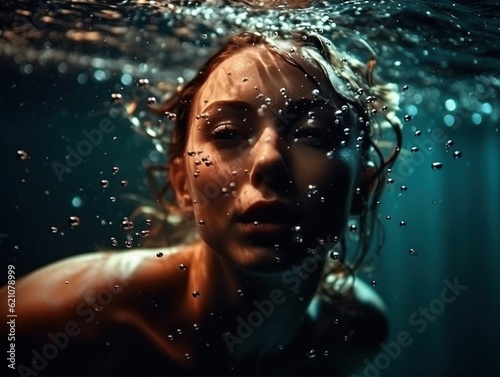 a young woman is underwater with hair and water around her face © Fotostockerspb