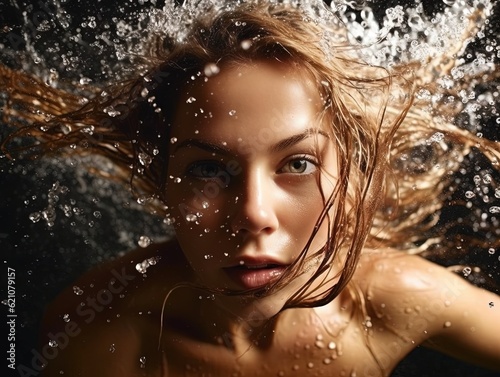 a young woman is underwater with hair and water around her face