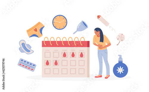 Menstruation period. Young woman showing pms symptoms and menstrual pain. Set of feminine hygiene goods. Sanitary pads, tampons, menstrual cup, menstruation calendar tracker, painkillers tablets
