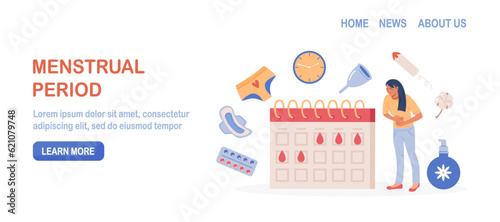 Menstruation period. Young woman showing pms symptoms and menstrual pain. Set of feminine hygiene goods. Sanitary pads, tampons, menstrual cup, menstruation calendar tracker, painkillers tablets