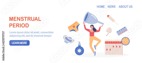 Happy woman holding silicone reusable menstrual cup. Menstrual period on calendar, pms tracker. Items for personal intimate hygiene of women. Sanitary tampon, pad, panties, intimate gel, painkiller