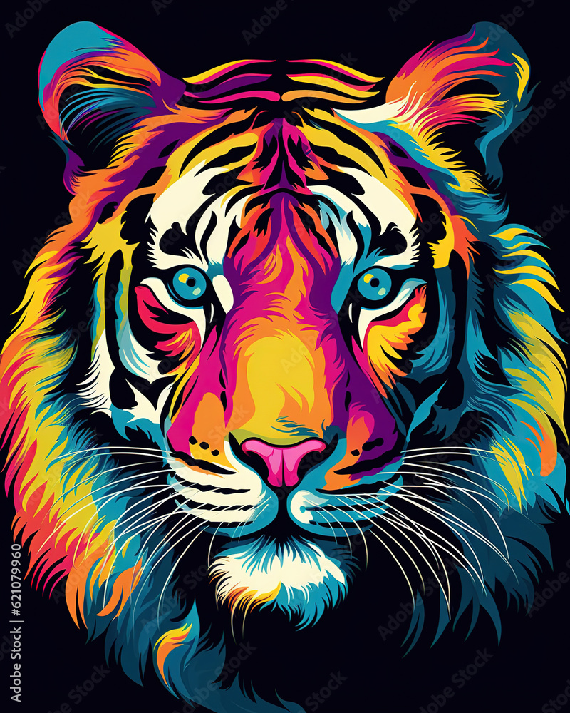 Fototapeta premium illustration of a colorful pop art tiger, generative ai 