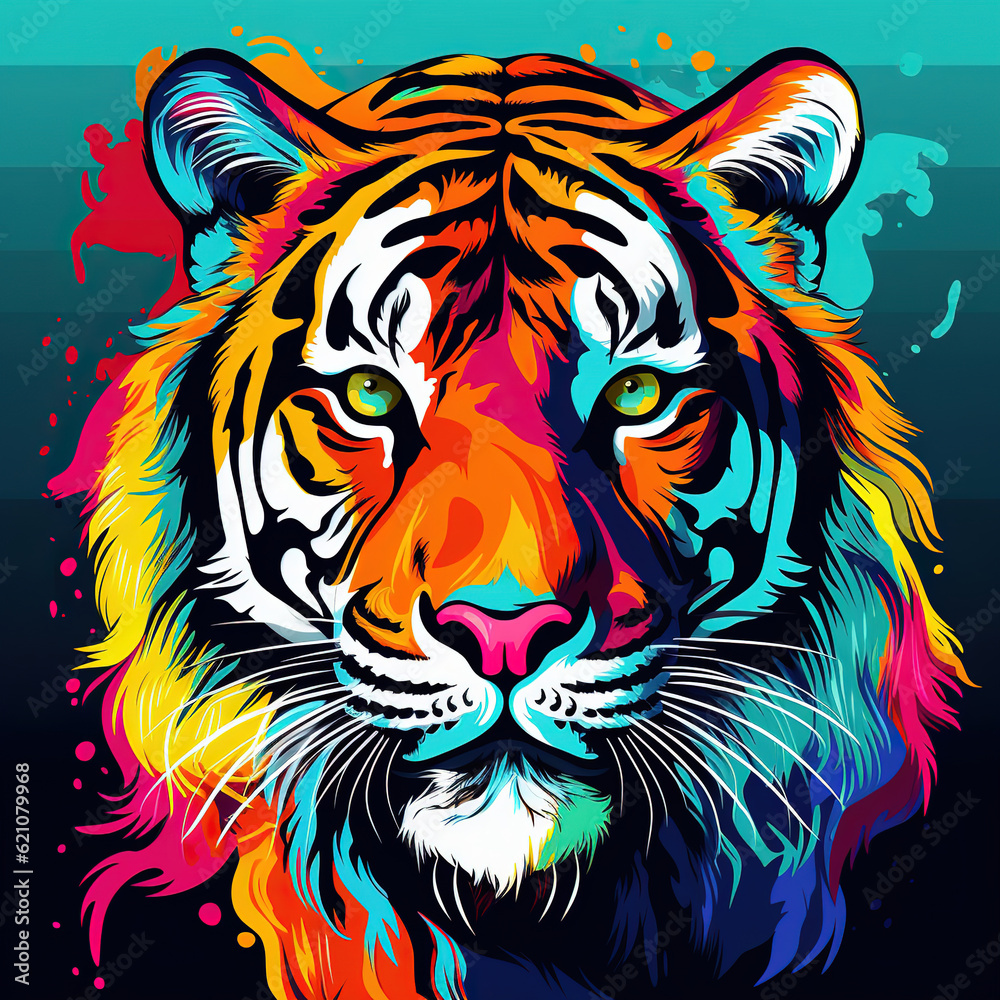illustration of a colorful pop art tiger, generative ai 