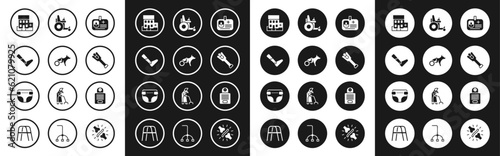 Set Identification badge, Dog in wheelchair, Prosthesis leg, Medical hospital building, Electric, Intercom and Adult diaper icon. Vector