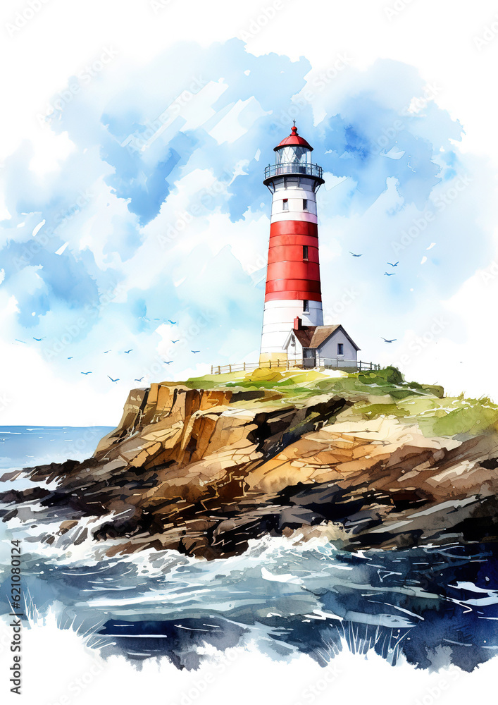 Old lighthouse on the shore of the sea, lighthouse on the coast. Digital watercolor paintings sea landscape, fine art , generative ai 