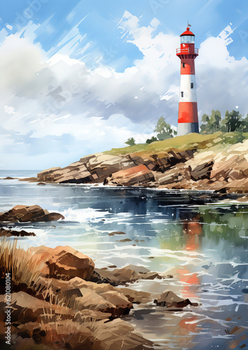 Old lighthouse on the shore of the sea, lighthouse on the coast. Digital watercolor paintings sea landscape, fine art , generative ai 