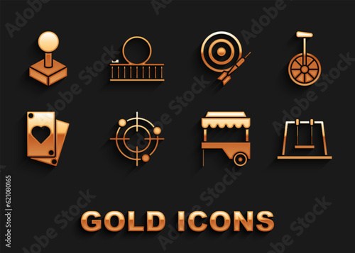 Set Target sport for shooting competition, Swing, Fast street food cart with awning, Playing card, Classic dart board and arrow, Joystick arcade machine and Roller coaster icon. Vector