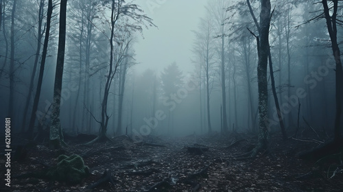 Panorama of foggy forest. Fairy tale spooky looking woods in a misty day. Cold foggy morning in horror forest  generative ai 