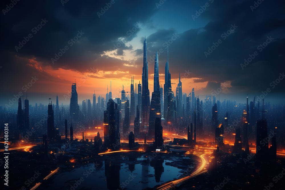 sci fi city at sunrise with night sky over buildings, generative ai 