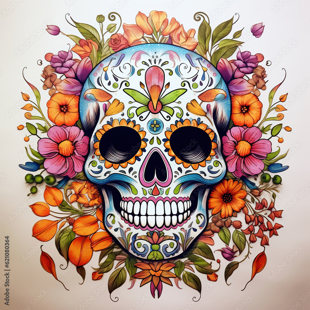 Skull completely drawn with flowers. Dia de los Muertos, or Day of the Dead, is a Mexican holiday known for its colorful and elaborate decorations, generative ai 