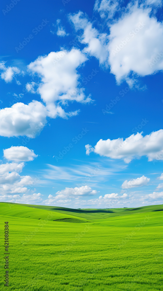 Spring panoramic landscape. Sky with fluffy clouds over green field, generative ai Spring panoramic landscape. Sky with fluffy clouds over green field, generative ai