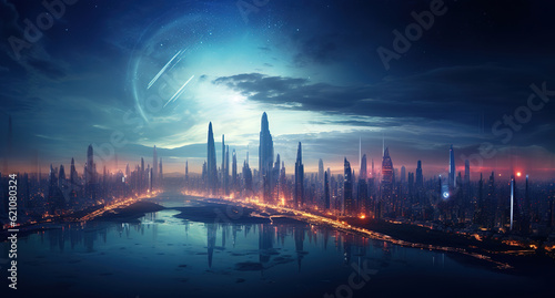 sci fi city at sunrise with night sky over buildings  generative ai 