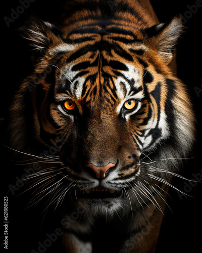 Tiger portrait on a black background. View from the darkness  generative ai 