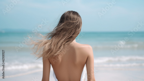 Beautiful young woman on a sandy tropical sea beach, view from the back. Generative AI © Tatiana