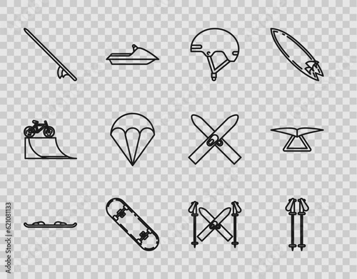 Set line Snowboard, Ski poles, Helmet, Skateboard trick, Surfboard, Parachute, and sticks and Hang glider icon. Vector