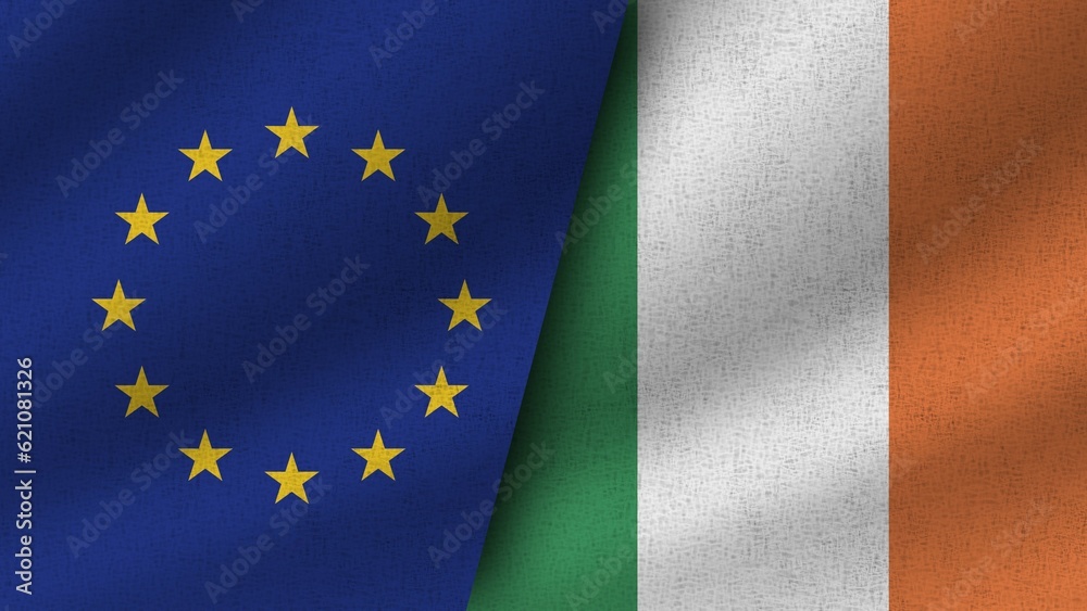 Ireland and European Union Realistic Two Flags Together, 3D Illustration Ireland and European Union Realistic Two Flags Together, 3D Illustration